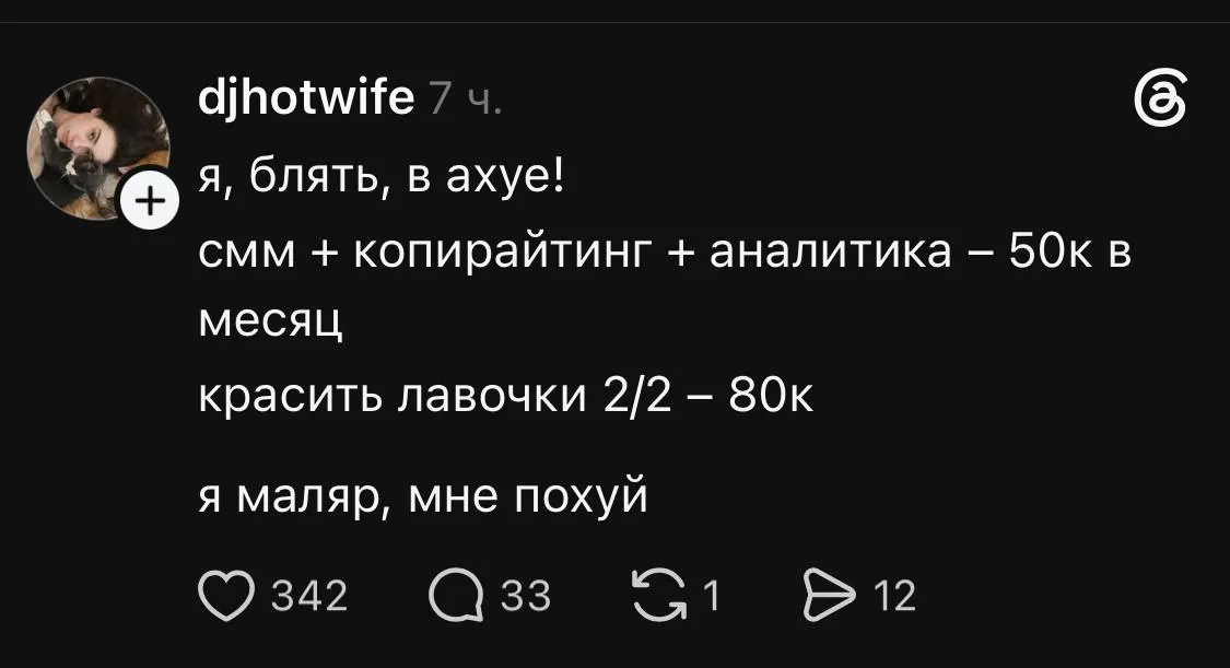 Ответ в Threads: смм, копирайтинг и аналитика 50к, красить лавочки 80к